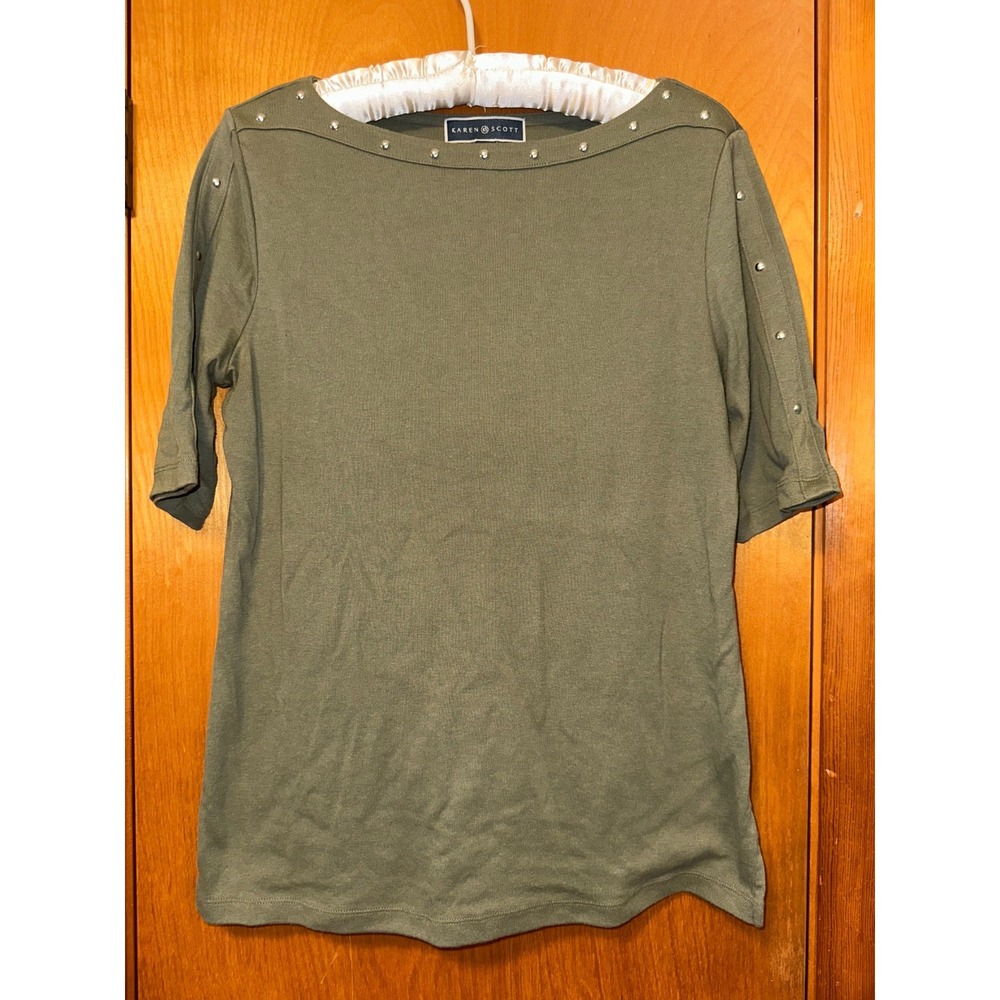 KAREN SCOTT‎ Studded Top Green Tee Shirt Size M Boat Neck Casual Career Mature